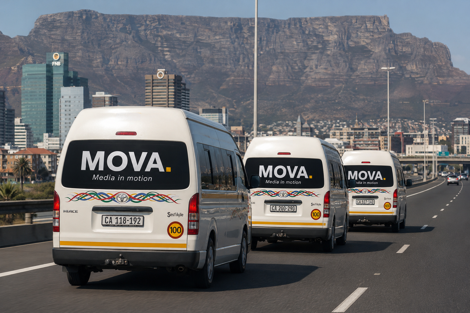 Three white Toyota Quantum minibuses with MOVA rear-window branding driving on a Cape Town highway with Table Mountain in the background